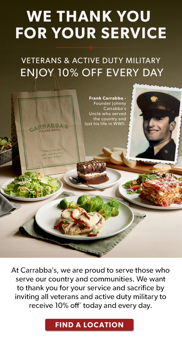 Carrabbas Coupon - 10% Off For Veterans and Active Duty Military

At participating locations. Dine-In only