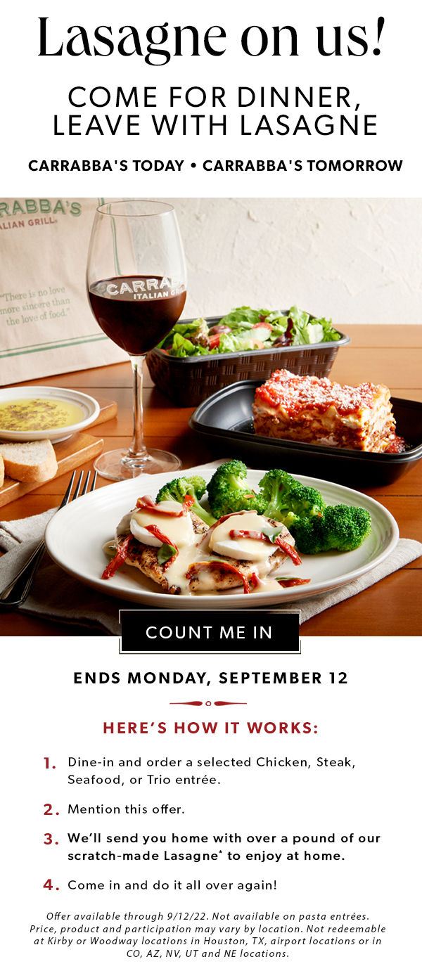 Carrabba s Free Lasagne 4 Course Wine Dinners